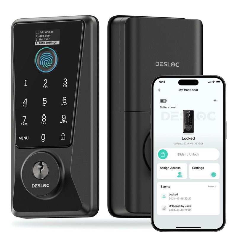 قفل DESLOC الذكي المحدث D110 Plus قفل باب دخول بدون مفتاح ببصمة الإصبع، تطبيق Wi-Fi مدمج للتحكم عن بعد، أقفال ذكية للوحة المفاتيح للباب الأمامي مع شاشة LockVue IP54 BHMA درجة 3 أسود - Image 1